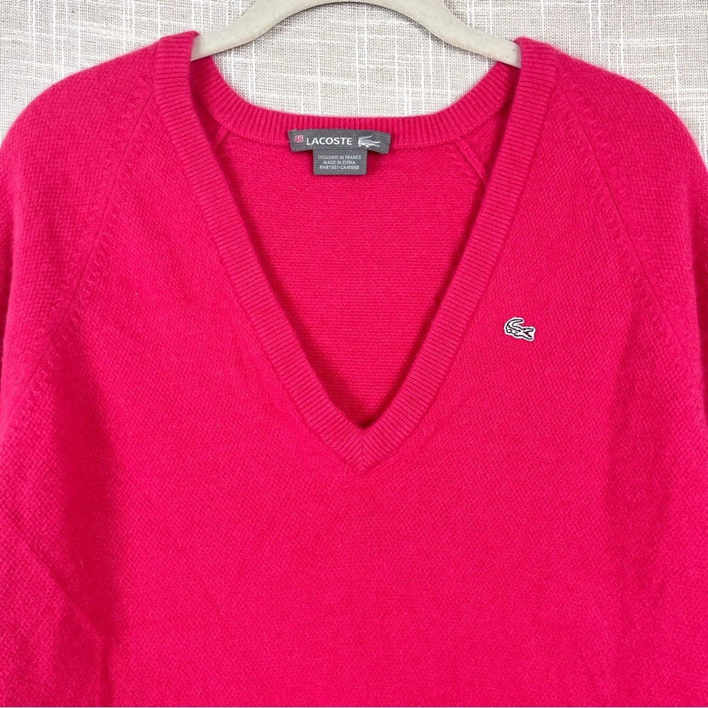 Lacoste 100% Cashmere Womens Fuchsia Pink Pullover V-Neck Sweater